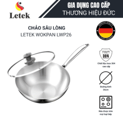 Chảo sâu lòng inox nguyên khối Letek LWP26 - công nghệ Nano Nhiệt lạnh, chống dính tự thân size 26cm, sâu 8.5cm, nấu được trên mọi loại bếp