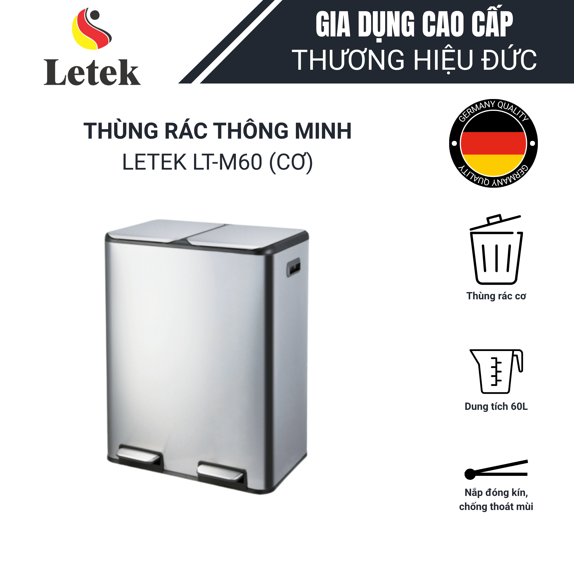 THÙNG RÁC PHÂN LOẠI 2 NGĂN LETEK LT-M60: DUNG TÍCH 60L, SANG TRỌNG VÀ HIỆN ĐẠI – GIẢI PHÁP SẠCH GỌN CHO MỌI ĐẠI GIA ĐÌNH