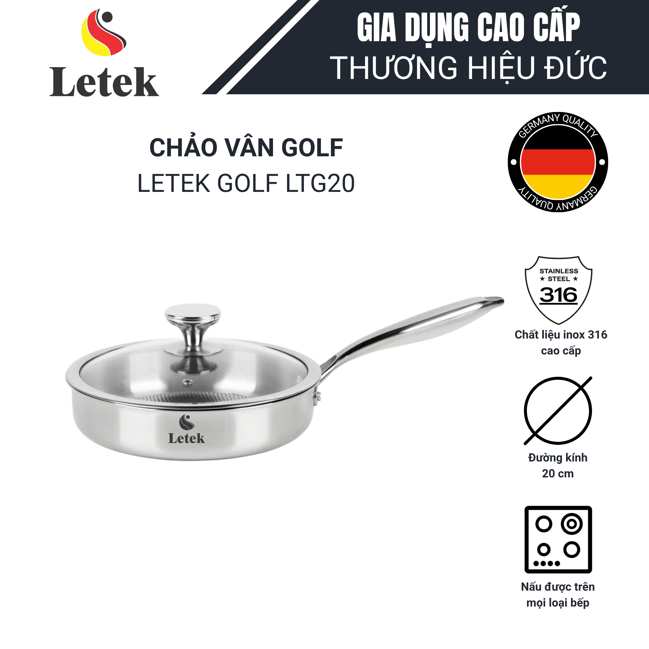 Chảo vân Golf inox nguyên khối Letek Golf LTG20 – Chống dính tự thân size 20cm, sâu 5.5cm, nấu được trên mọi loại bếp