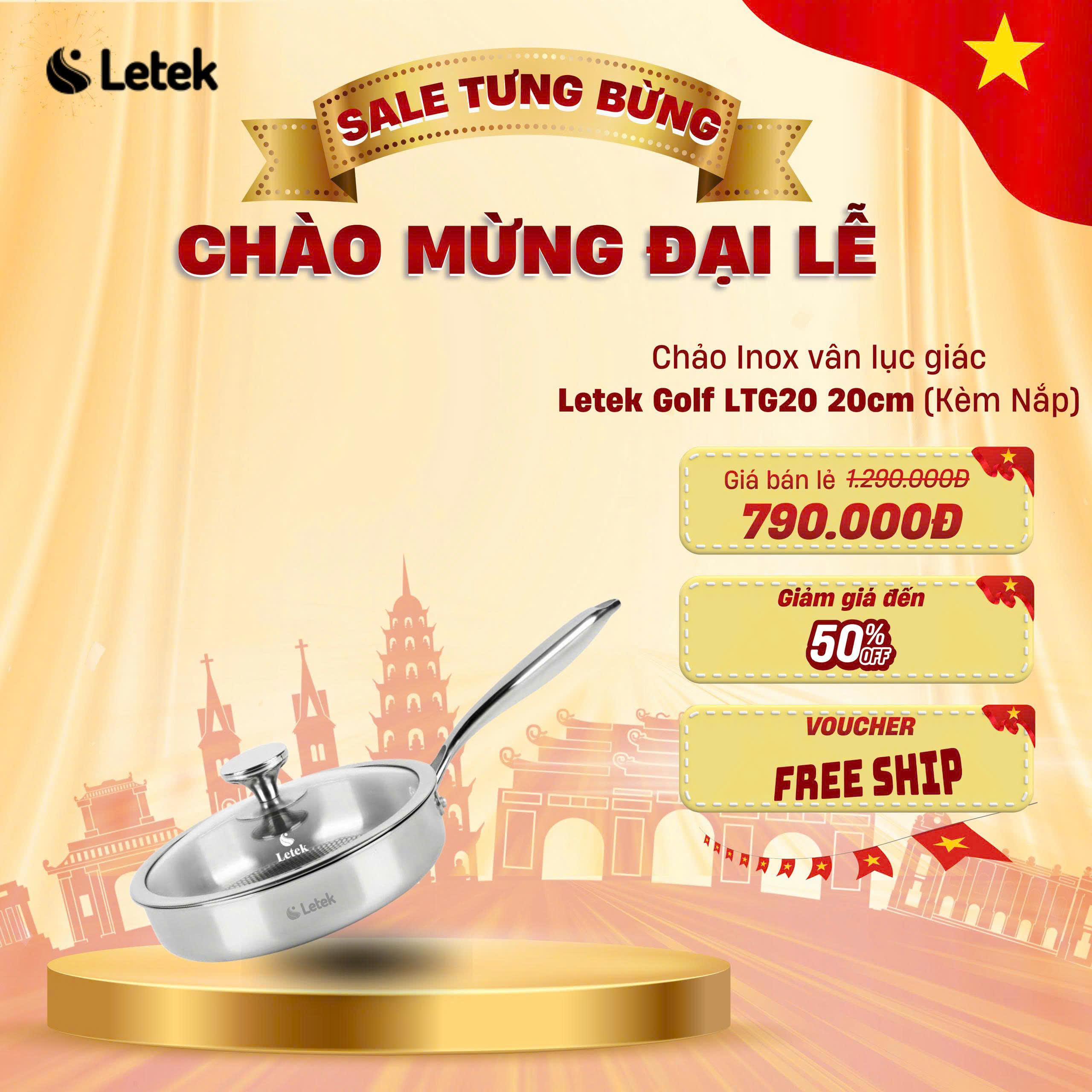 Chảo vân Golf inox nguyên khối Letek Golf LTG20 – Chống dính tự thân size 20cm, sâu 5.5cm, nấu được trên mọi loại bếp