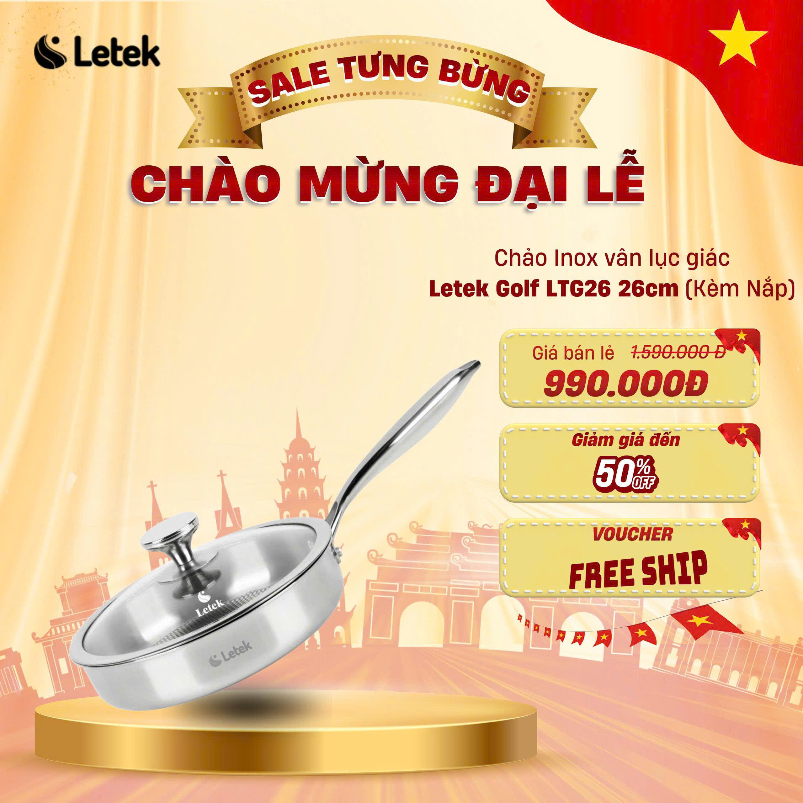 Chảo vân Golf inox nguyên khối Letek Golf LTG26 – Chống dính tự thân size 26cm, sâu 6cm, nấu được trên mọi loại bếp