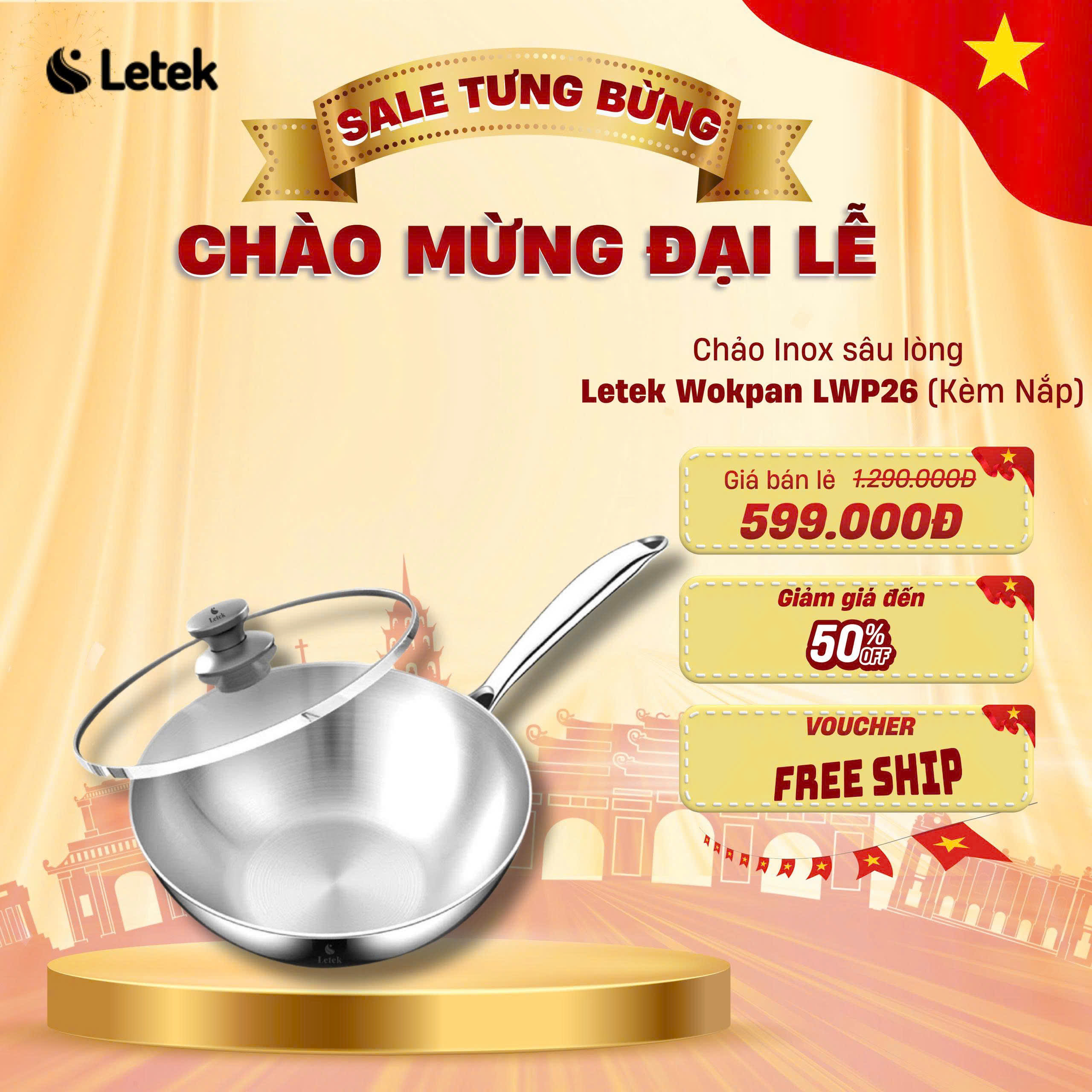 Chảo sâu lòng inox nguyên khối Letek LWP26 - công nghệ Nano Nhiệt lạnh, chống dính tự thân size 26cm, sâu 8.5cm, nấu được trên mọi loại bếp
