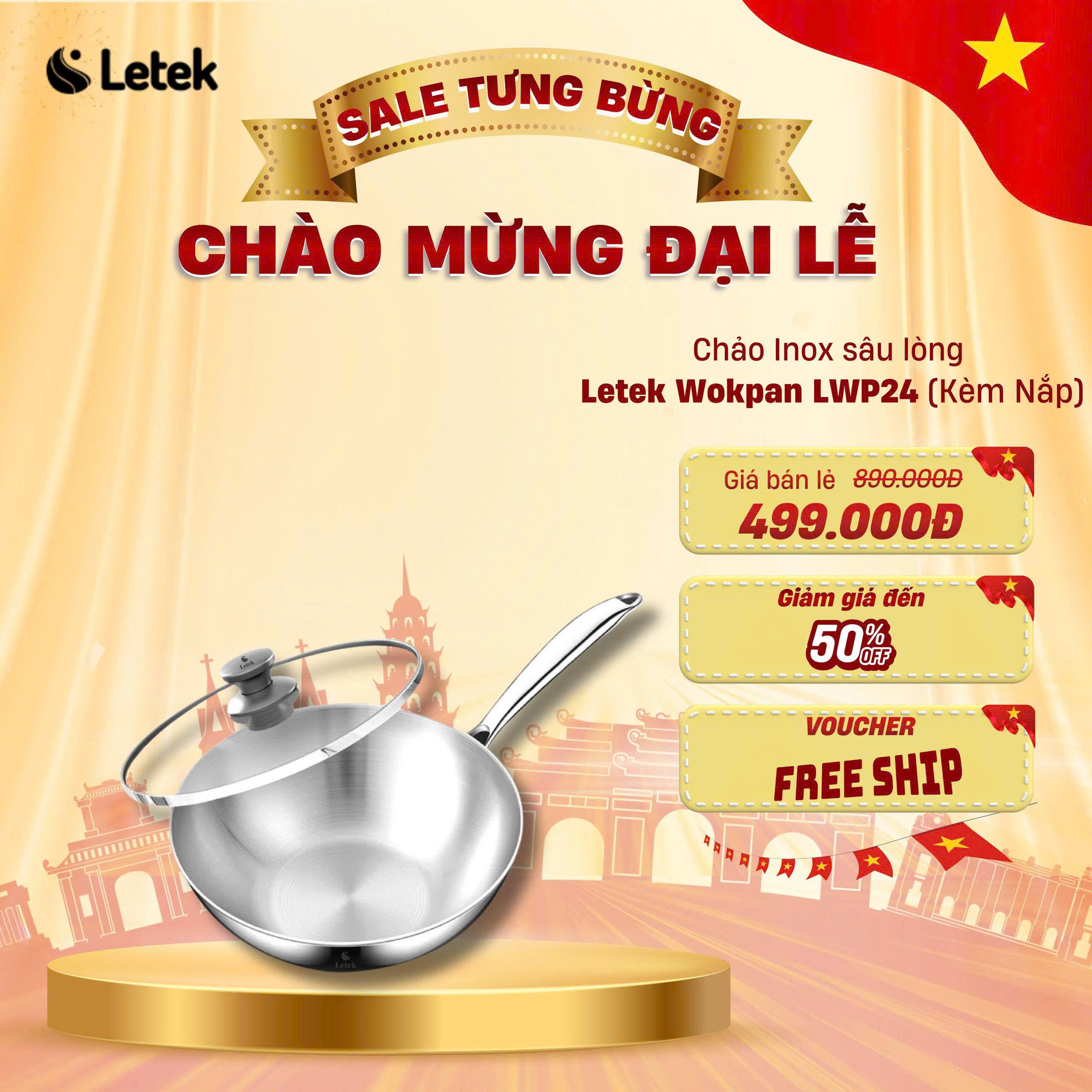Chảo sâu lòng inox nguyên khối Letek LWP24 - công nghệ Nano Nhiệt lạnh, chống dính tự thân size 24cm, sâu 8cm, nấu được trên mọi loại bếp