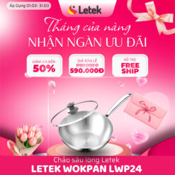 Chảo sâu lòng inox nguyên khối Letek LWP24 - công nghệ Nano Nhiệt lạnh, chống dính tự thân size 24cm, sâu 8cm, nấu được trên mọi loại bếp
