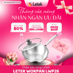 Chảo sâu lòng inox nguyên khối Letek LWP26 - công nghệ Nano Nhiệt lạnh, chống dính tự thân size 26cm, sâu 8.5cm, nấu được trên mọi loại bếp