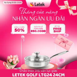 Chảo vân Golf inox nguyên khối Letek Golf LTG24 – Chống dính tự thân size 24cm, sâu 5.8cm, nấu được trên mọi loại bếp
