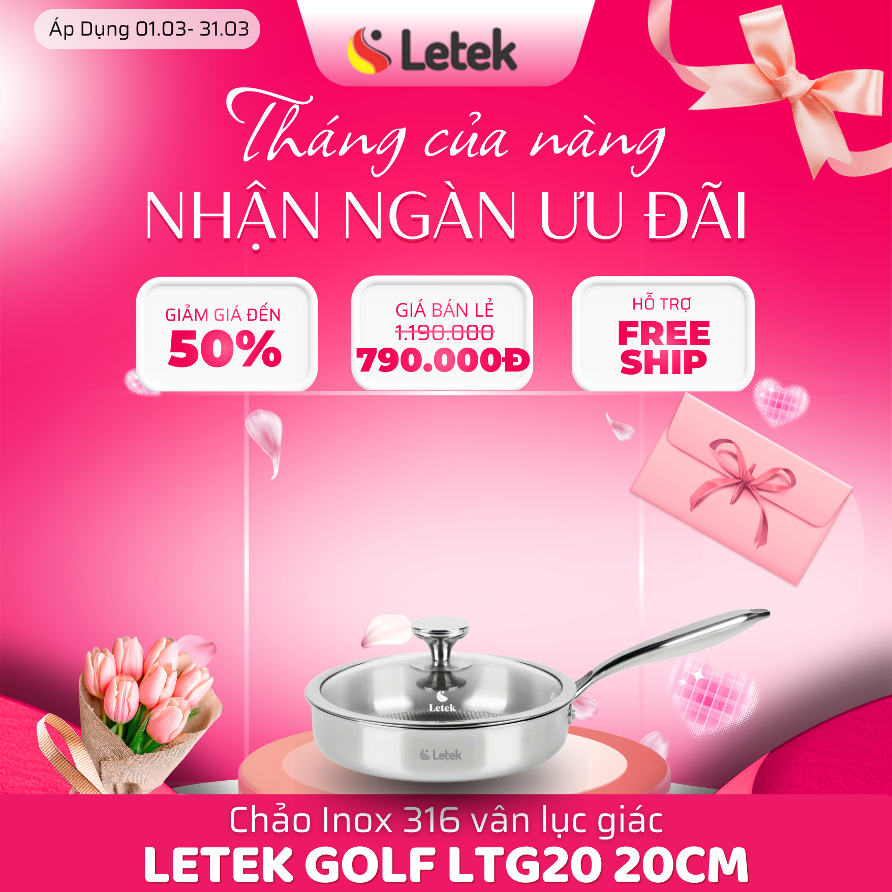 Chảo vân Golf inox nguyên khối Letek Golf LTG20 – Chống dính tự thân size 20cm, sâu 5.5cm, nấu được trên mọi loại bếp