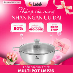 Nồi đa năng inox nguyên khối Letek LMP26 - công nghệ Silent Boiling, chống dính tự thân size 26cm, sâu 9cm, nấu được trên mọi loại bếp